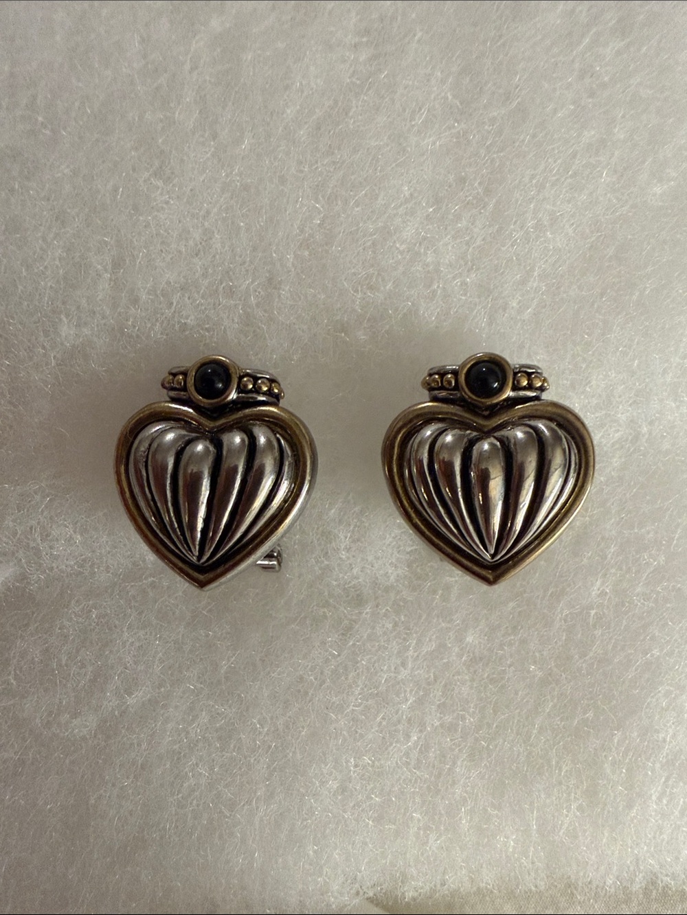 Vintage Two-Tone Metal and Black Cabochon Earrings